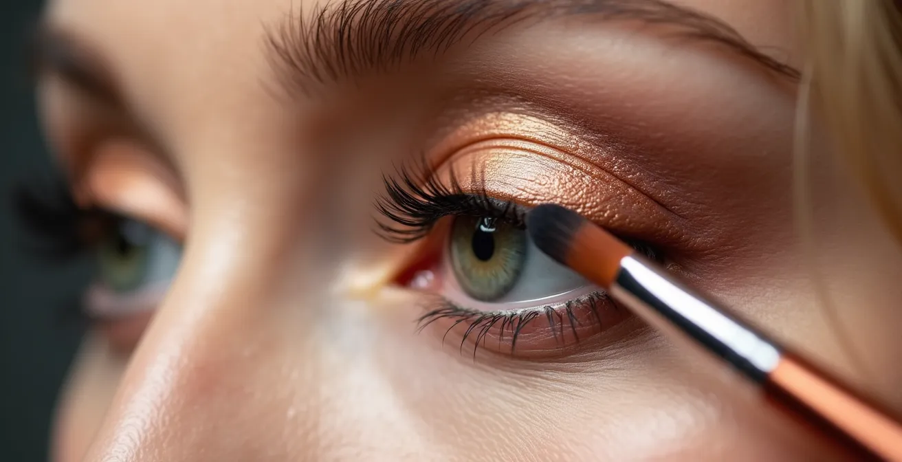 Application d'un fard satiné bronze sur une paupière mature avec un pinceau professionnel