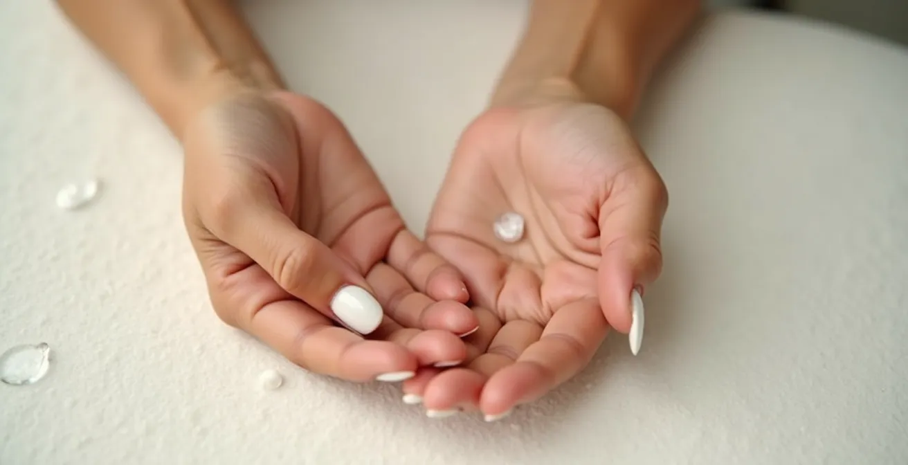 Mains appliquant délicatement un soin sur le visage par pressions légères, illustrant la technique 'press & roll'.