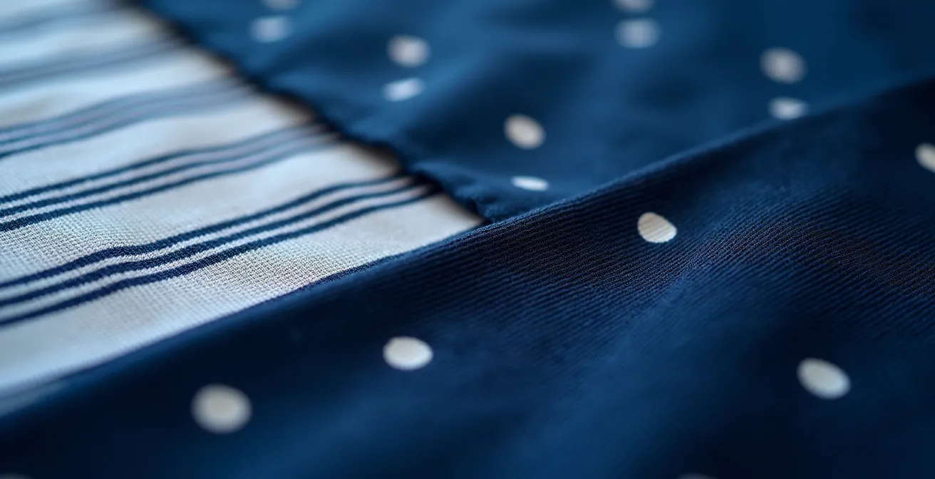 Composition mode montrant l'association harmonieuse de rayures marines et pois sur fond bleu