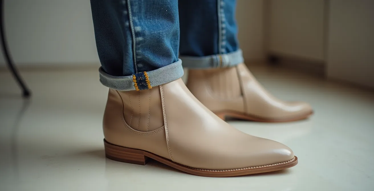 Gros plan sur des chevilles dégagées avec jean mom et bottines pointues