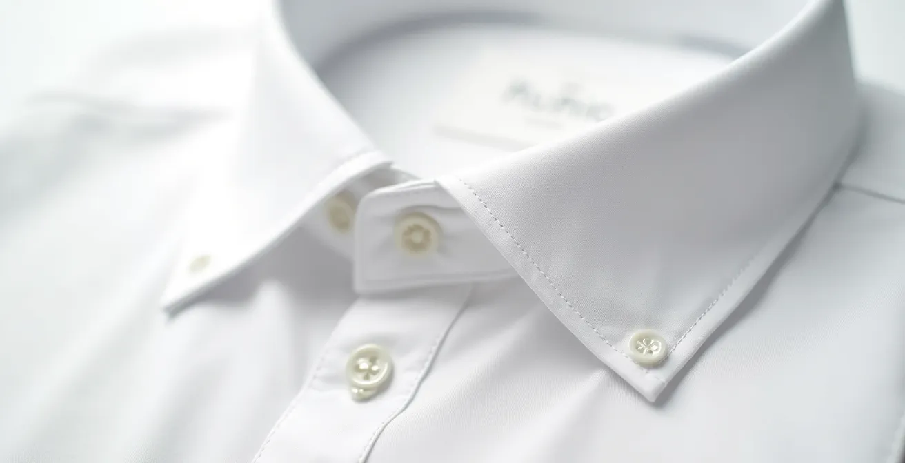 Gros plan sur le col immaculé d'une chemise blanche en popeline avec texture visible