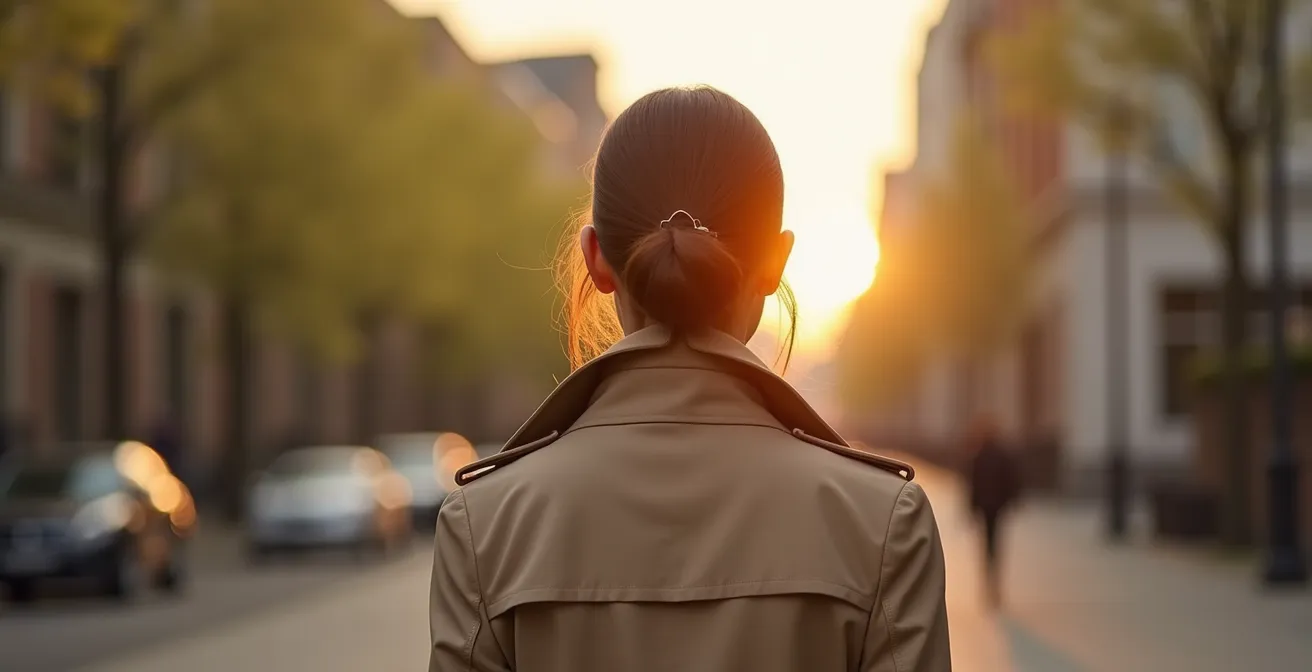Col de trench beige relevé avec détail de texture et jeu d'ombres