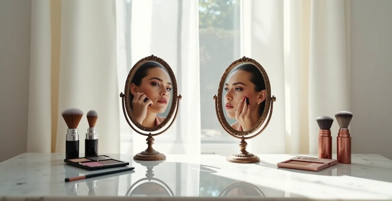 Schéma comparatif montrant la différence d'application de fard entre paupière normale et tombante