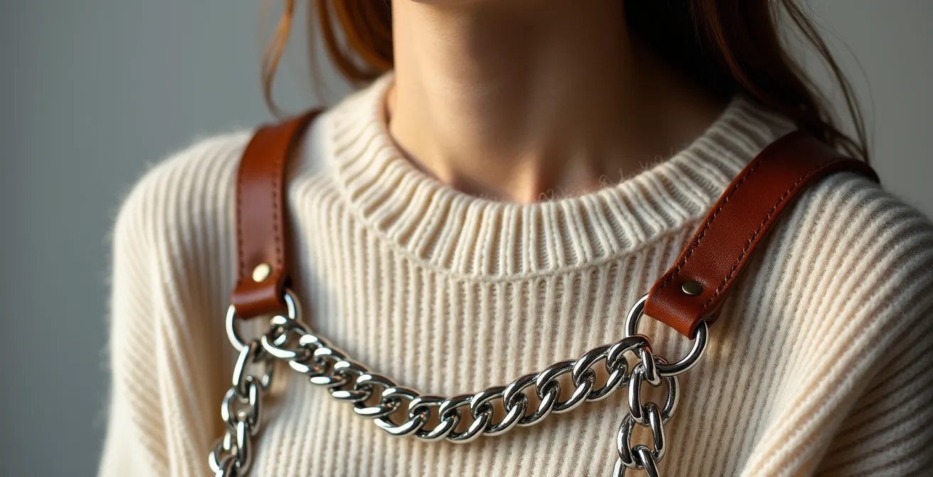 Détail de chaîne métallique et lanière cuir posées sur pull en maille délicate