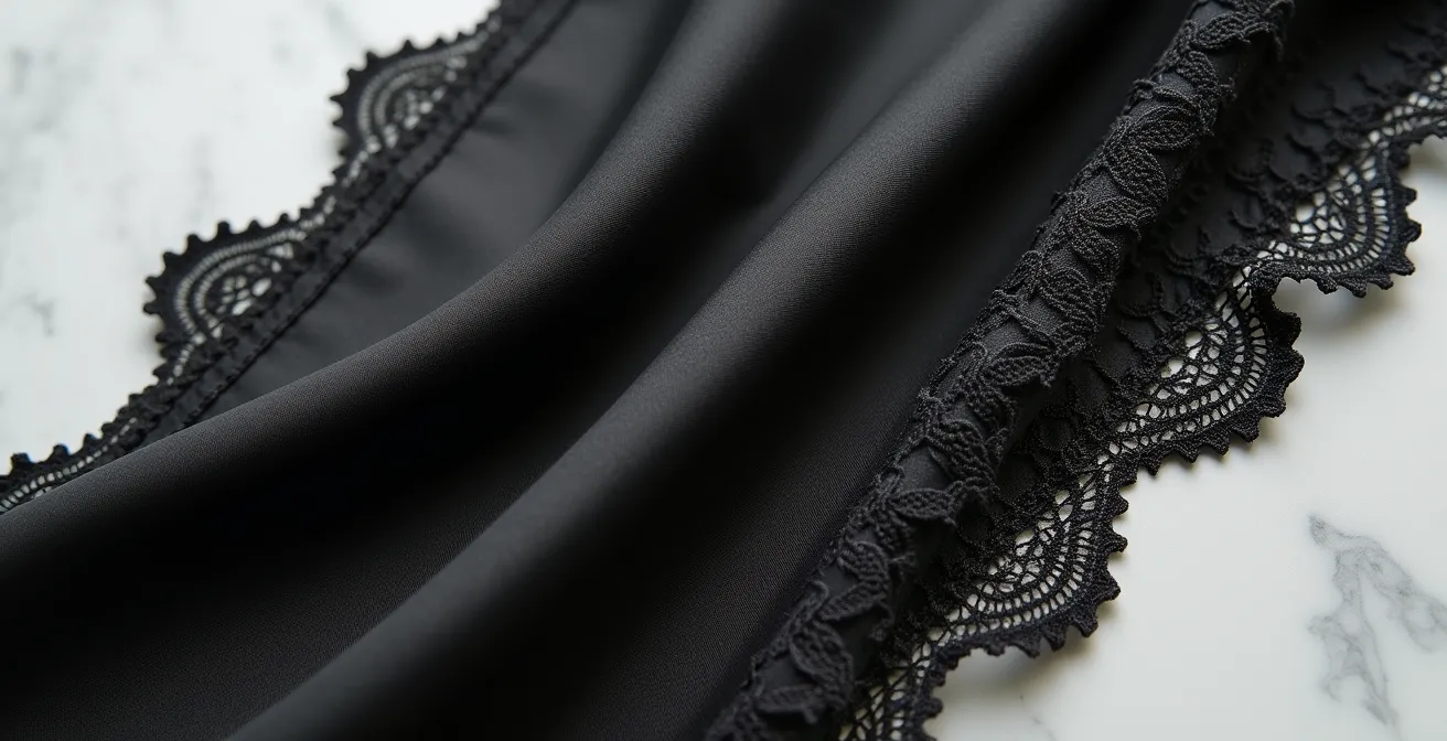 Gros plan sur différents tissus noirs montrant les textures contrastées du satin brillant et du crêpe mat