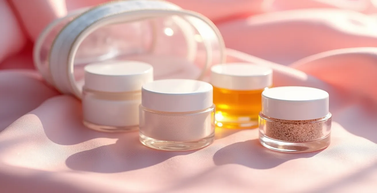 Organisation de contenants de voyage pour cosmétiques dans une pochette transparente