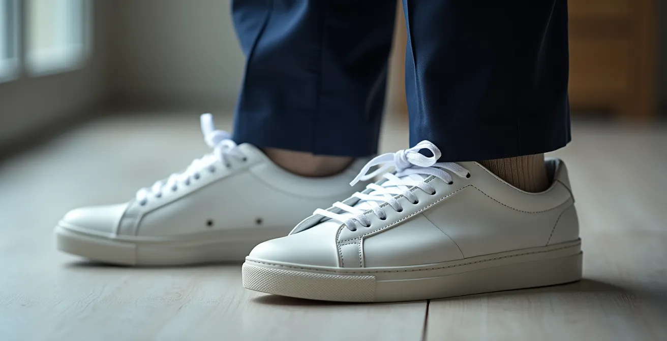 Gros plan sur l'association d'un pantalon de costume bleu marine avec des baskets blanches en cuir minimalistes
