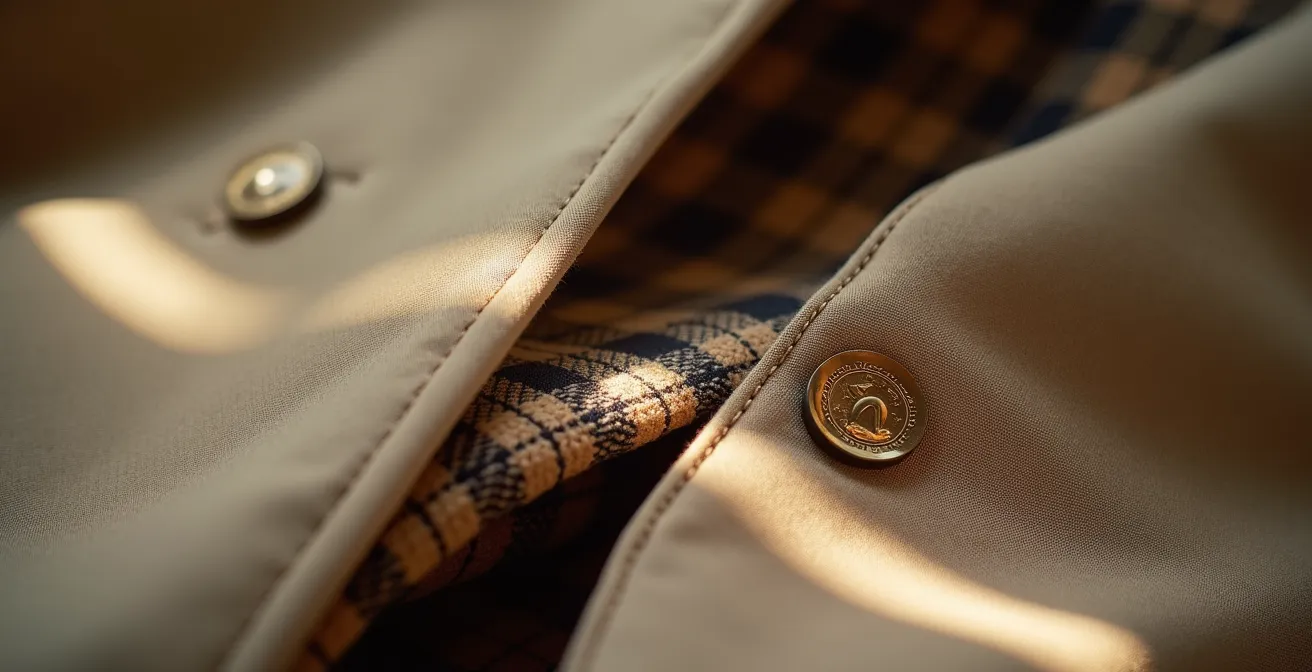 Vue rapprochée de l'intérieur d'un trench montrant des coutures anglaises parfaites et une doublure tartan