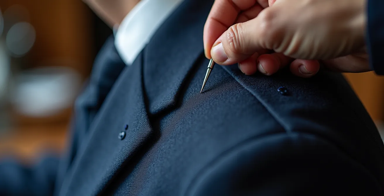 Gros plan sur une épaule de veste de tailleur en cours de retouche, montrant la précision du travail