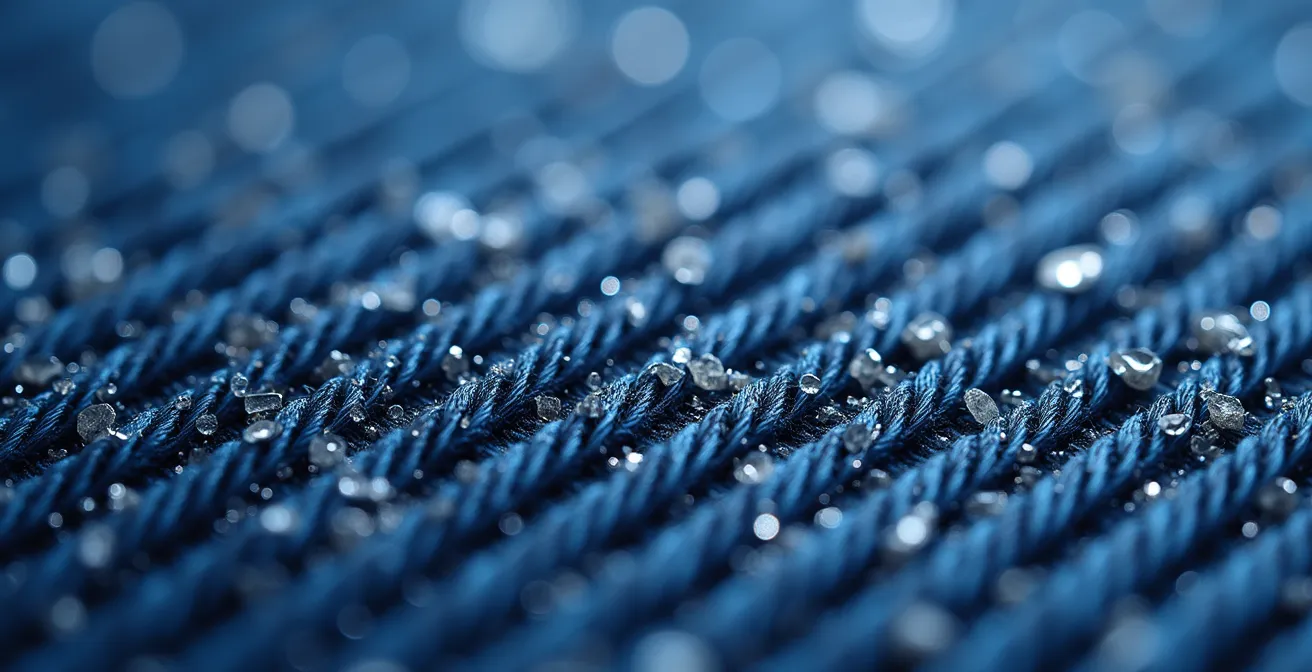 Texture macro du denim brut montrant les fibres d'indigo