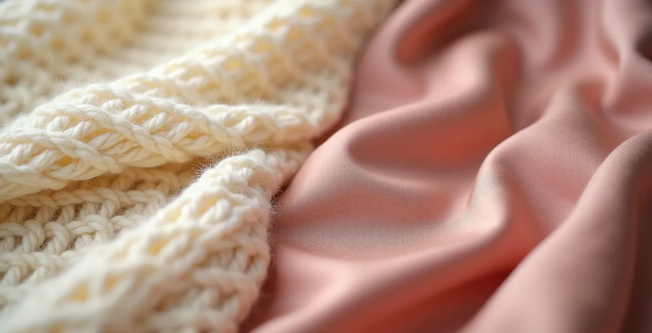 Gros plan sur le contraste de textures entre une maille cachemire épaisse et une robe en soie fluide