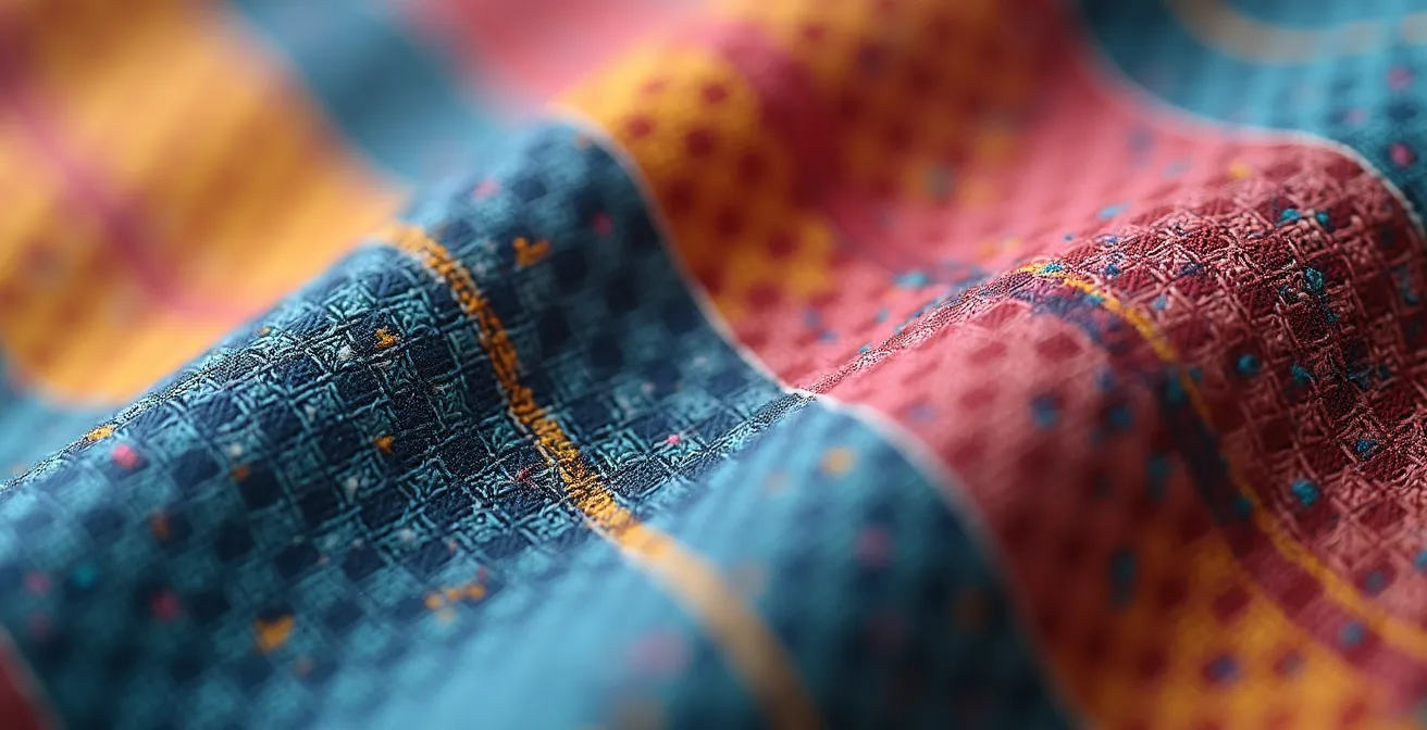 Détail macro d'un tissu à motif graphique révélant les textures et les couleurs
