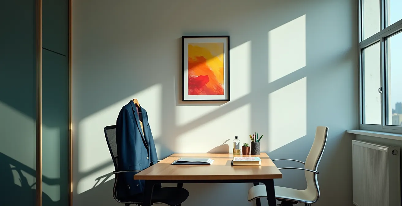 Espace de travail moderne montrant l'équilibre entre créativité et professionnalisme