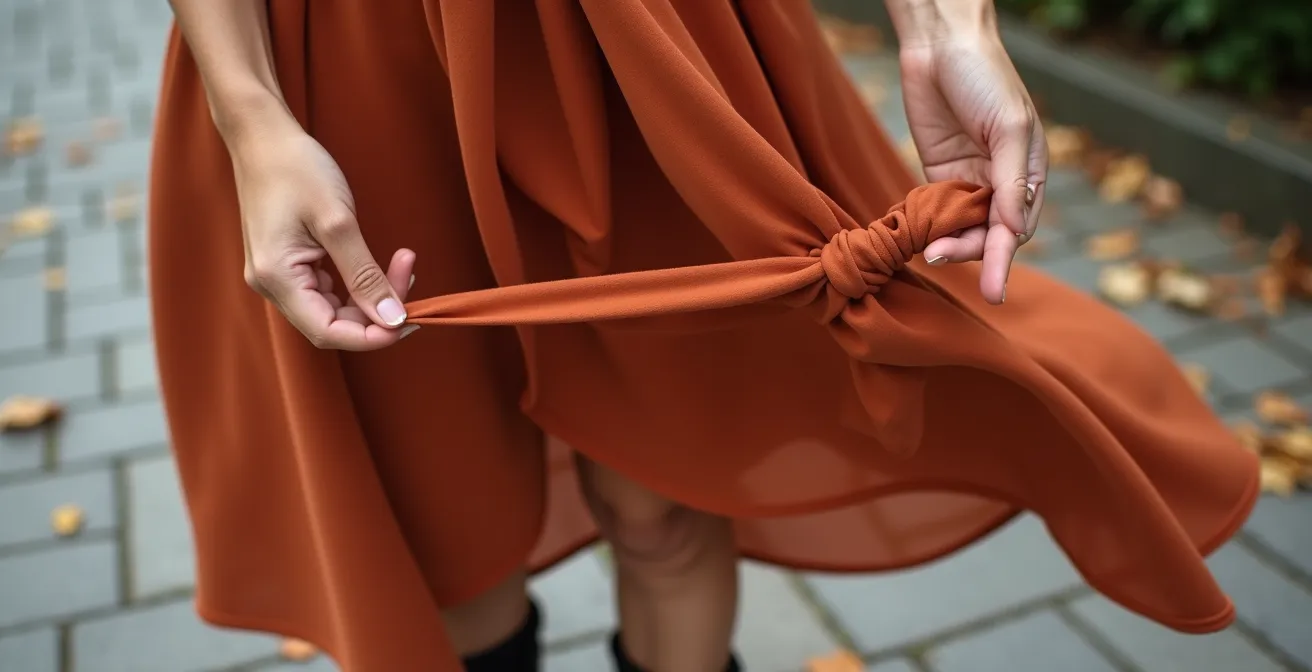 Mains féminines créant un noeud d'ourlet élégant sur le côté d'une robe longue fluide