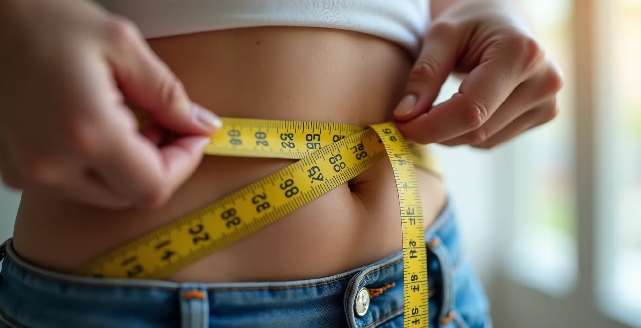 Femme prenant ses mensurations avec un mètre ruban devant un miroir