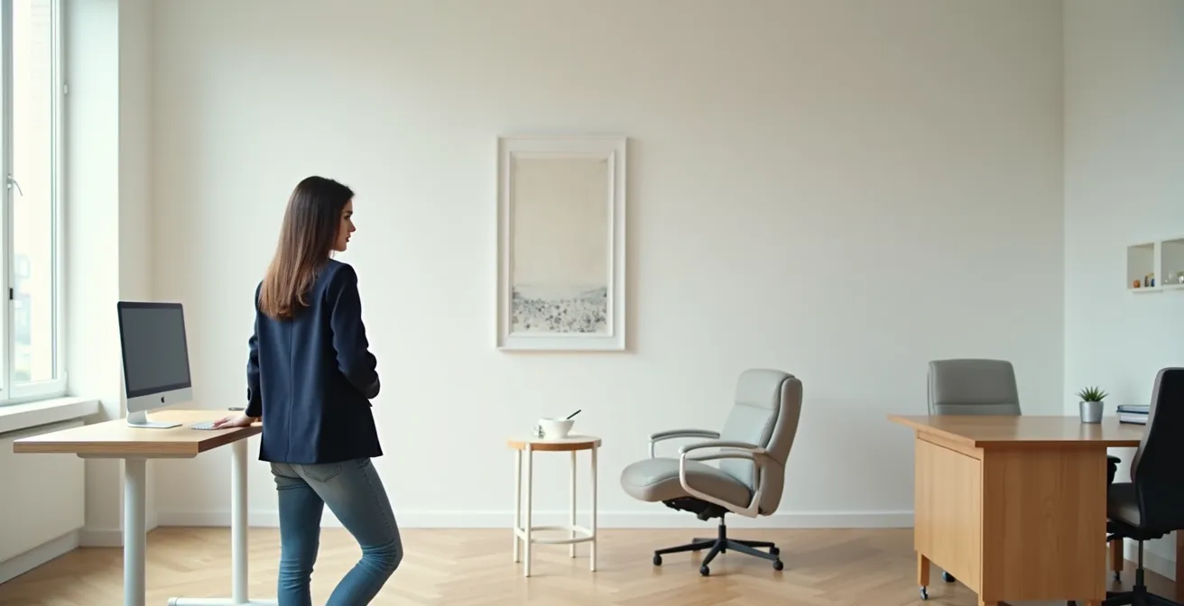 Femme portant une veste de tailleur avec un jean brut dans un environnement professionnel épuré