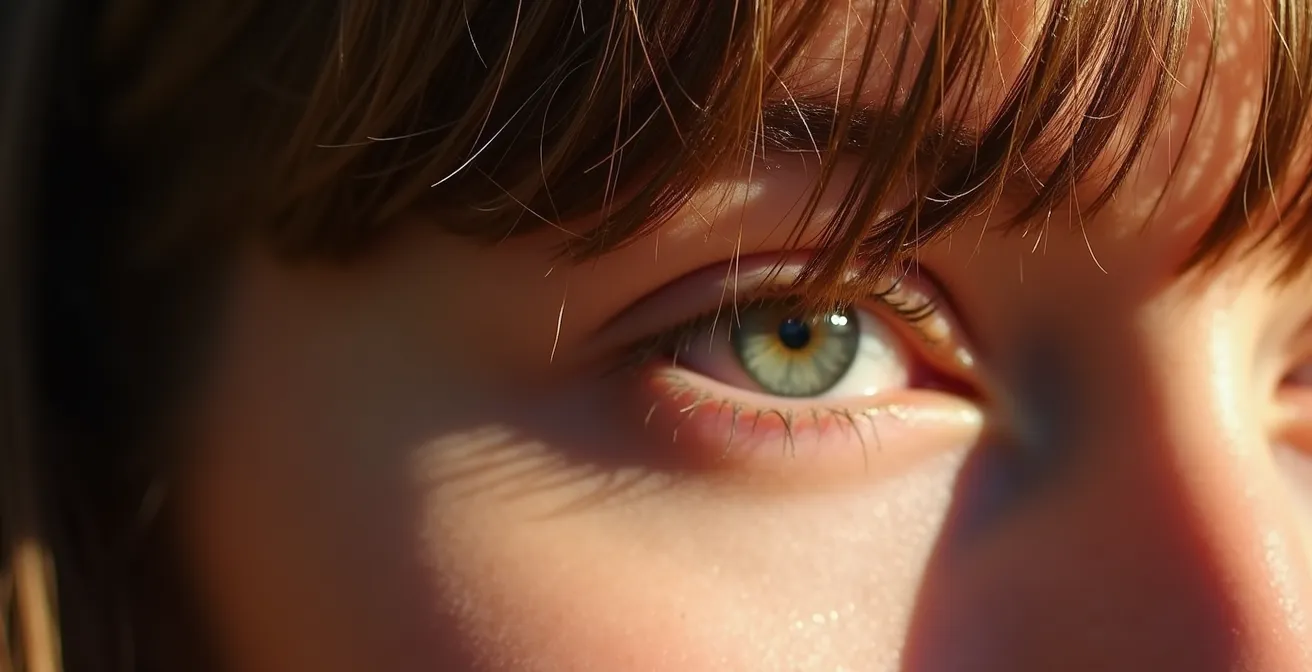 Gros plan sur une frange effilée encadrant délicatement le visage