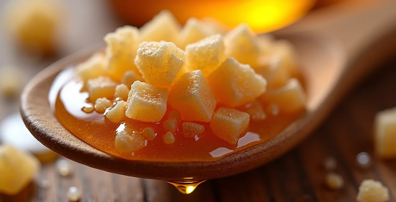 Cuillère en bois avec mélange de sucre brun et miel doré en gros plan macro