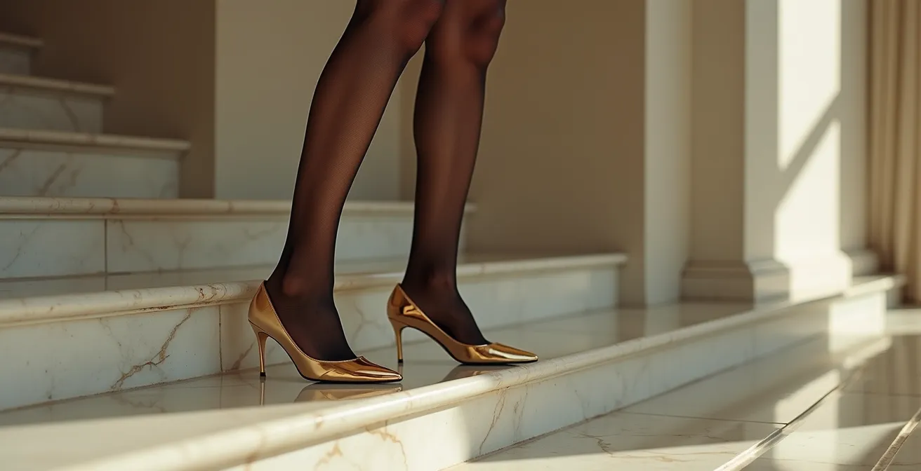 Jambes féminines élégantes portant des collants plumetis fins avec des escarpins dorés