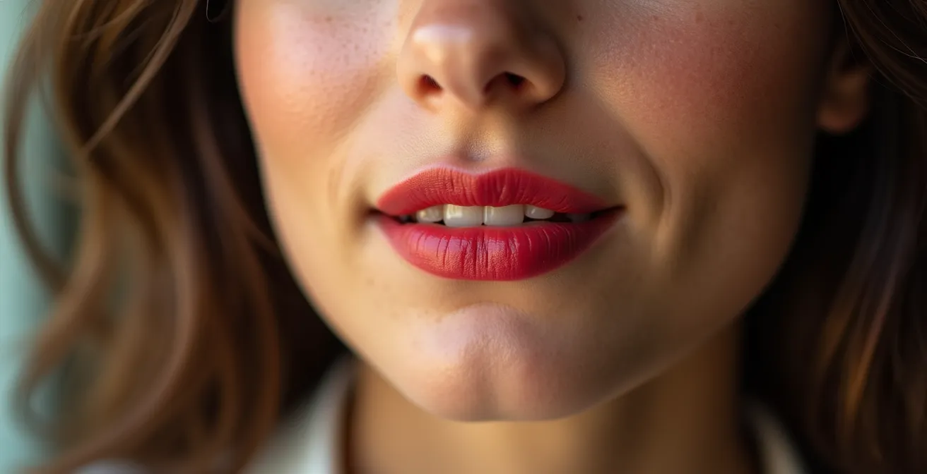 Visage féminin avec maquillage naturel et rouge à lèvres subtil style parisien