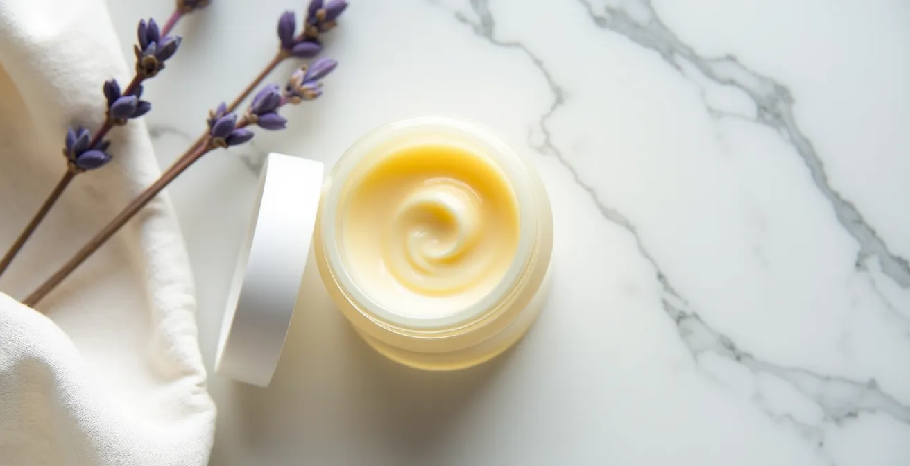 Pot de baume ouvert avec texture crémeuse épaisse visible sur fond minimaliste