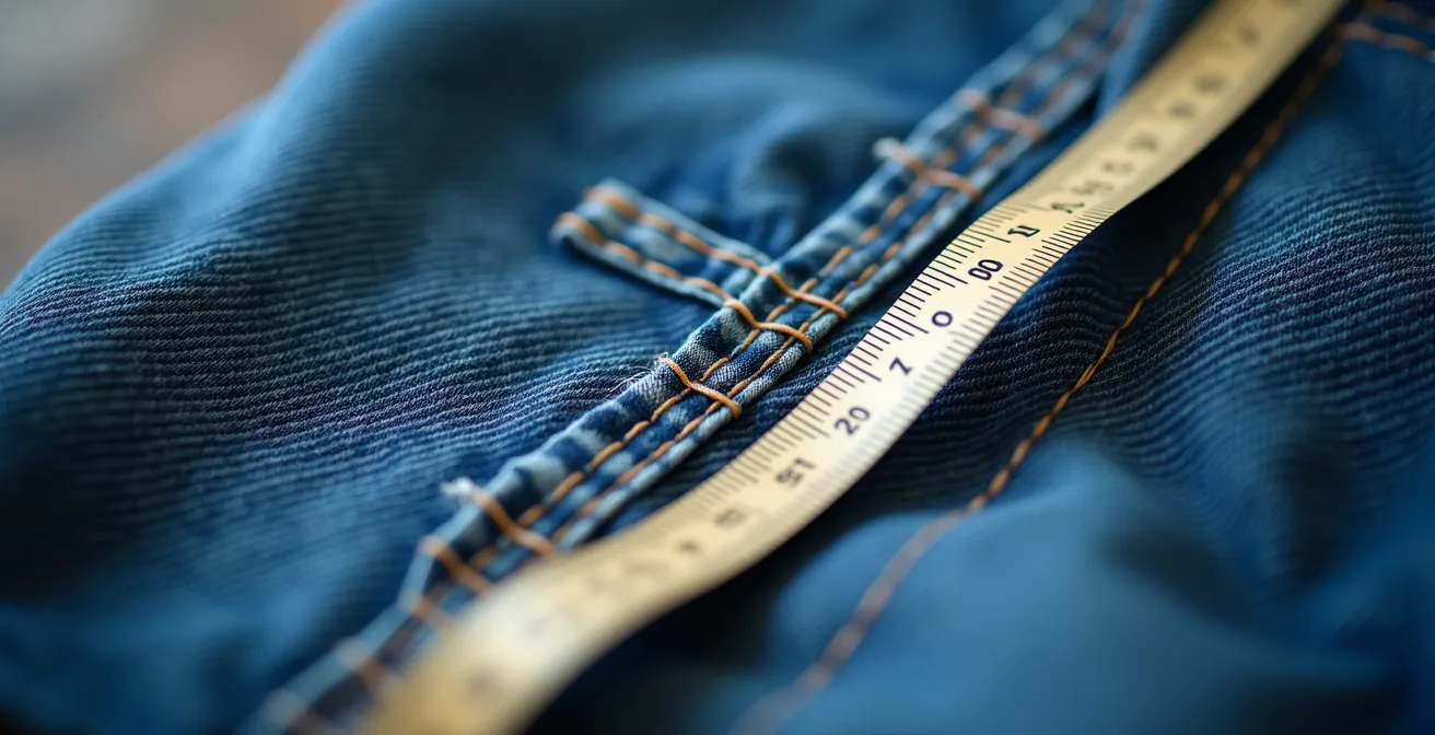Gros plan sur la mesure de la hauteur de fourche d'un jean avec un mètre ruban