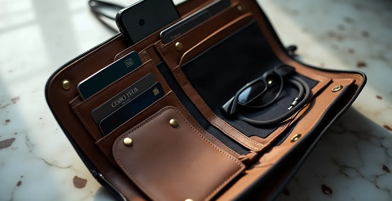 Vue macro de l'intérieur d'une pochette avec objets organisés verticalement