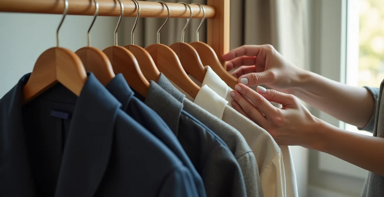 Penderie minimaliste organisée avec vêtements techniques suspendus