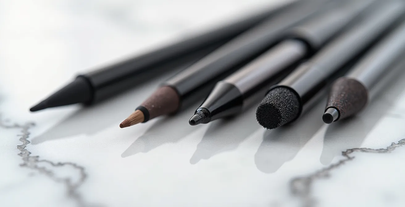 Différents types d'eyeliners disposés sur une surface marbrée, mettant en avant l'ergonomie et la texture de leurs pointes.