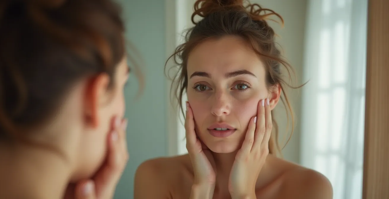 Visage de femme montrant la zone T avec un contraste entre zones sèches et brillantes, illustrant l'effet rebond.