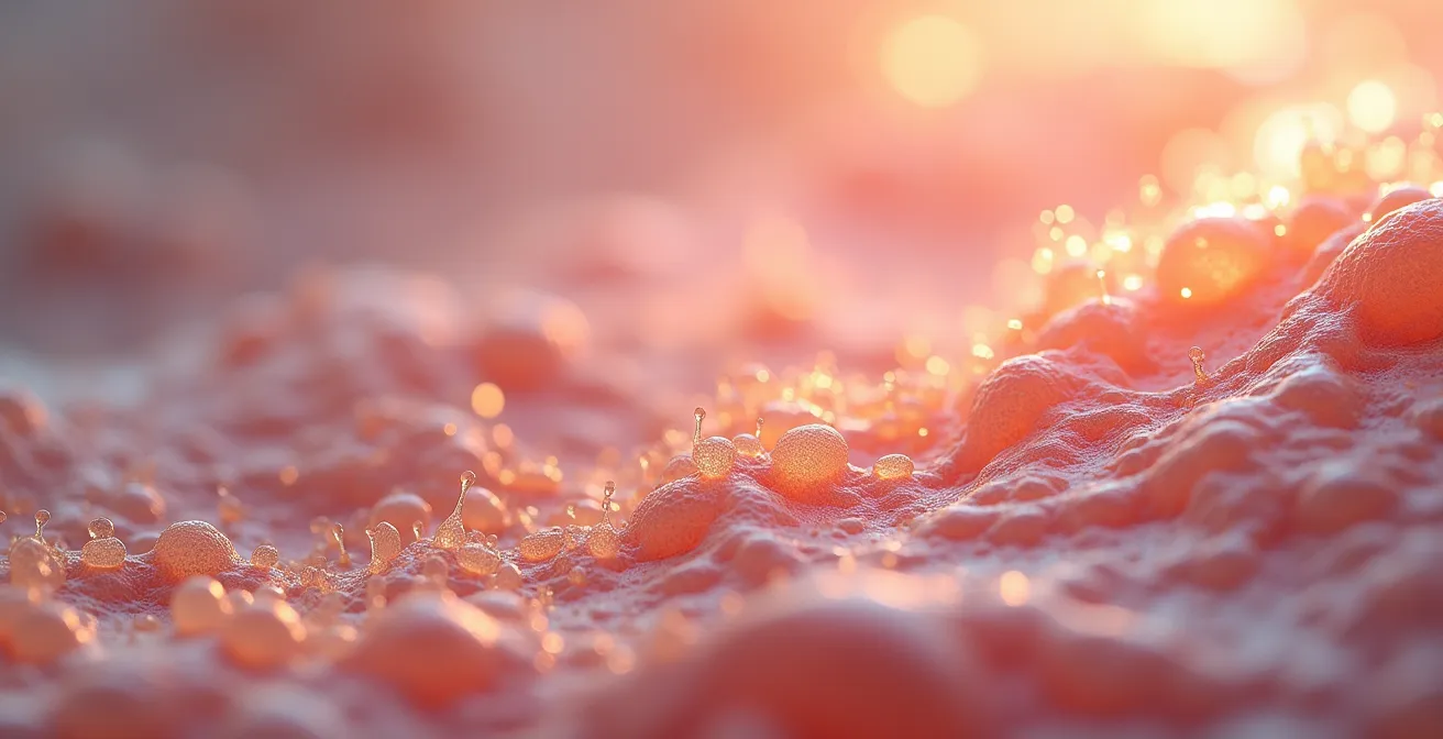 Vue macro de la texture de la peau montrant l'hydratation naturelle et les pores