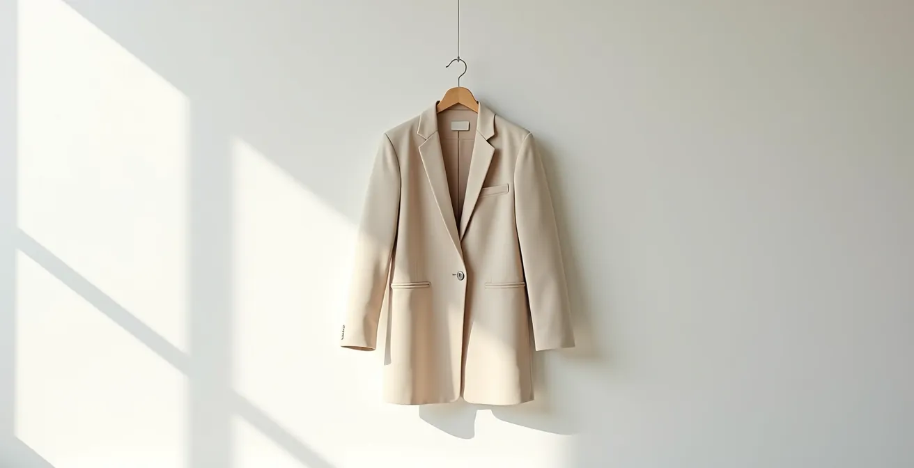 Blazer élégant posé sur un cintre en bois dans un environnement minimaliste