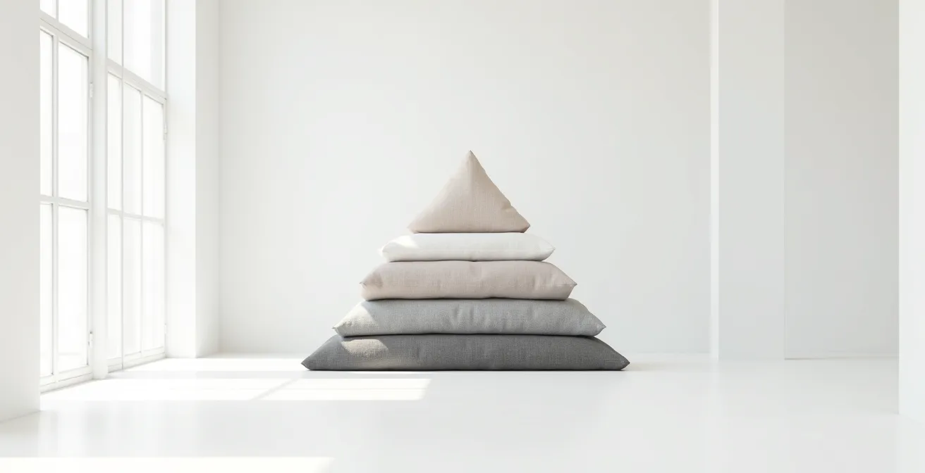 Composition minimaliste montrant une pyramide inversée d'options pour les vêtements usagés dans un environnement épuré