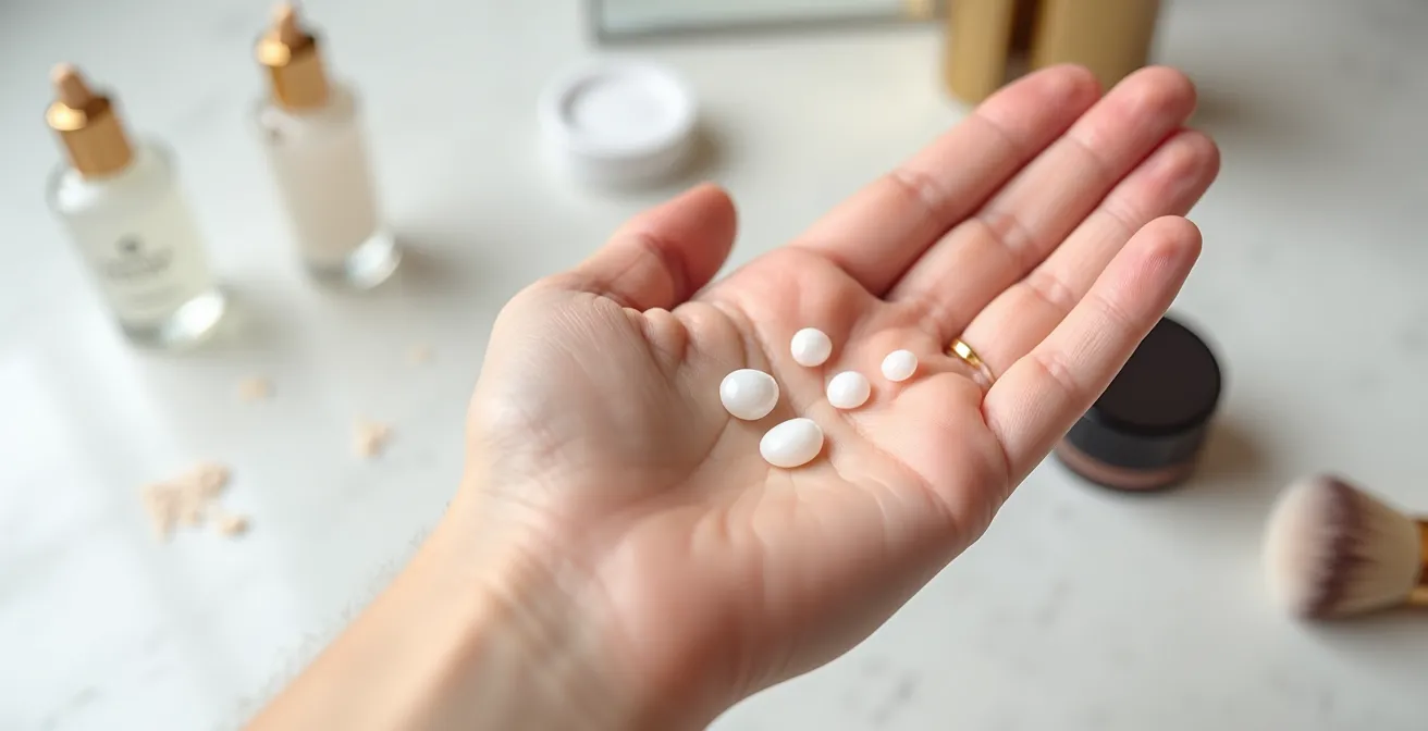 Gros plan sur une main montrant la quantité idéale de base lissante, comparable à un grain de riz