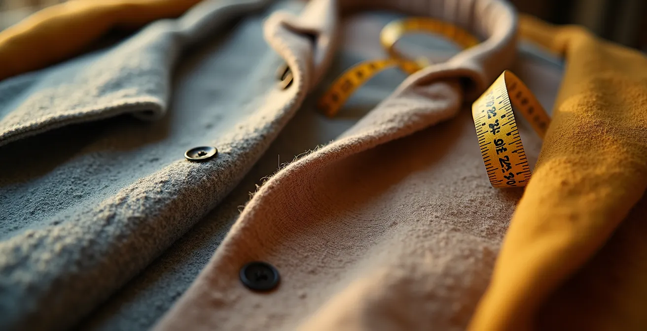 Vue macro de textures de tissus luxueux et étiquettes vintage dans un environnement de boutique raffinée