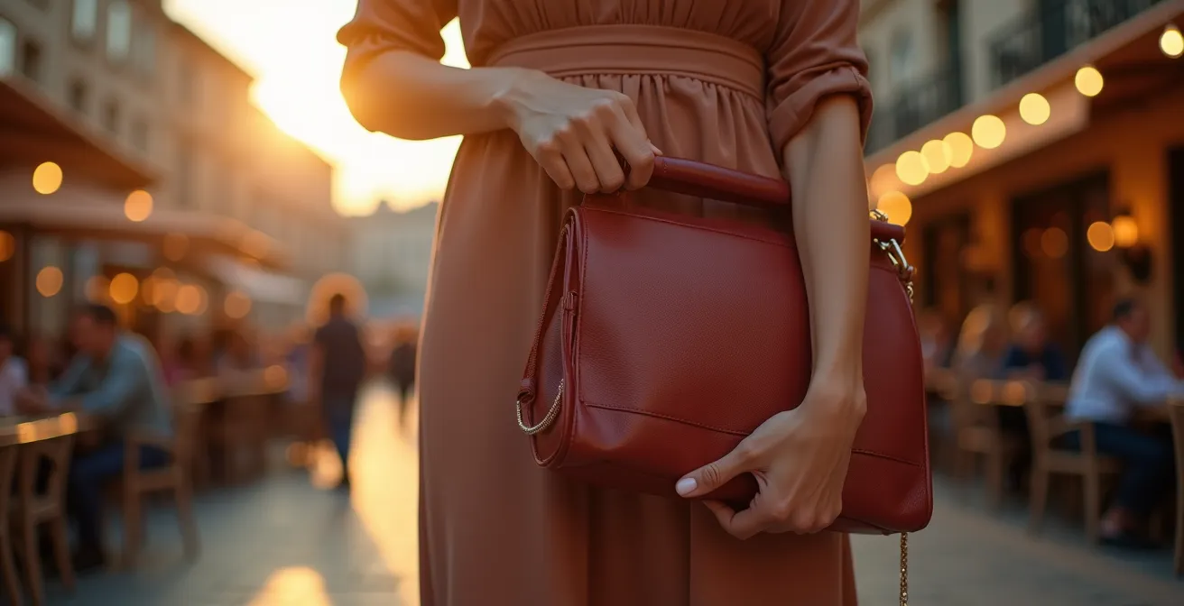 Femme retirant une pochette élégante d'un sac à dos de touriste dans un décor urbain au coucher du soleil