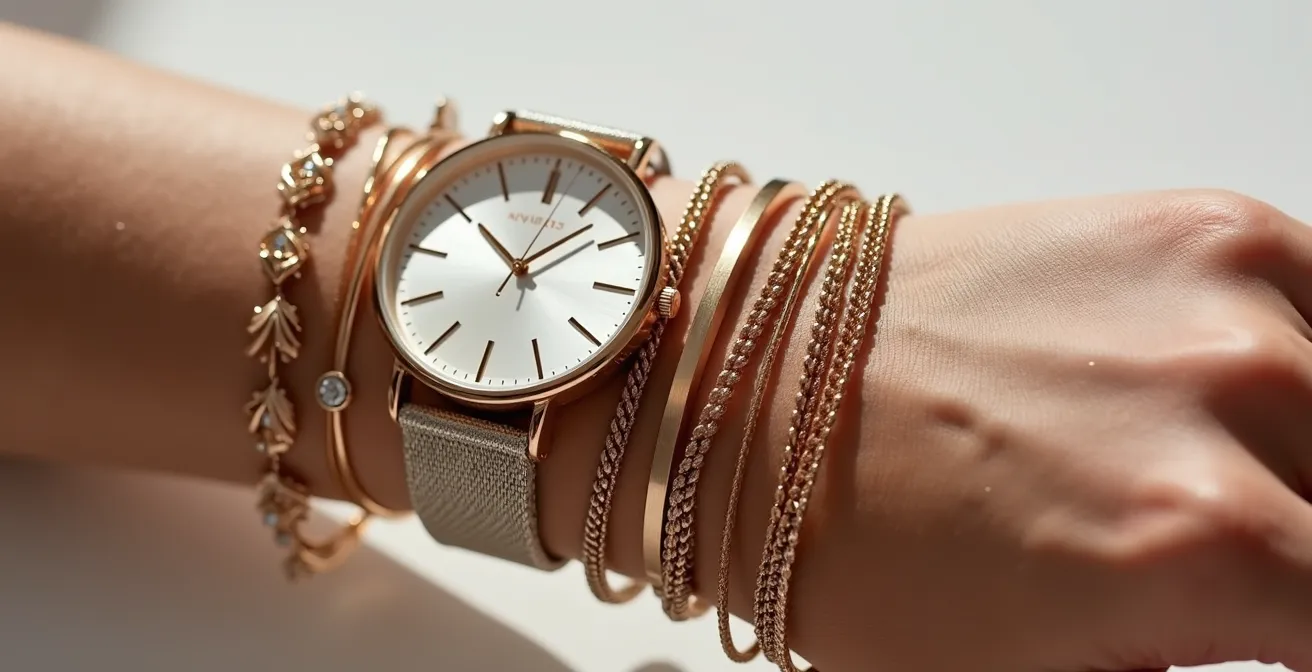 Poignet féminin avec montre minimaliste et empilement harmonieux de bracelets fins