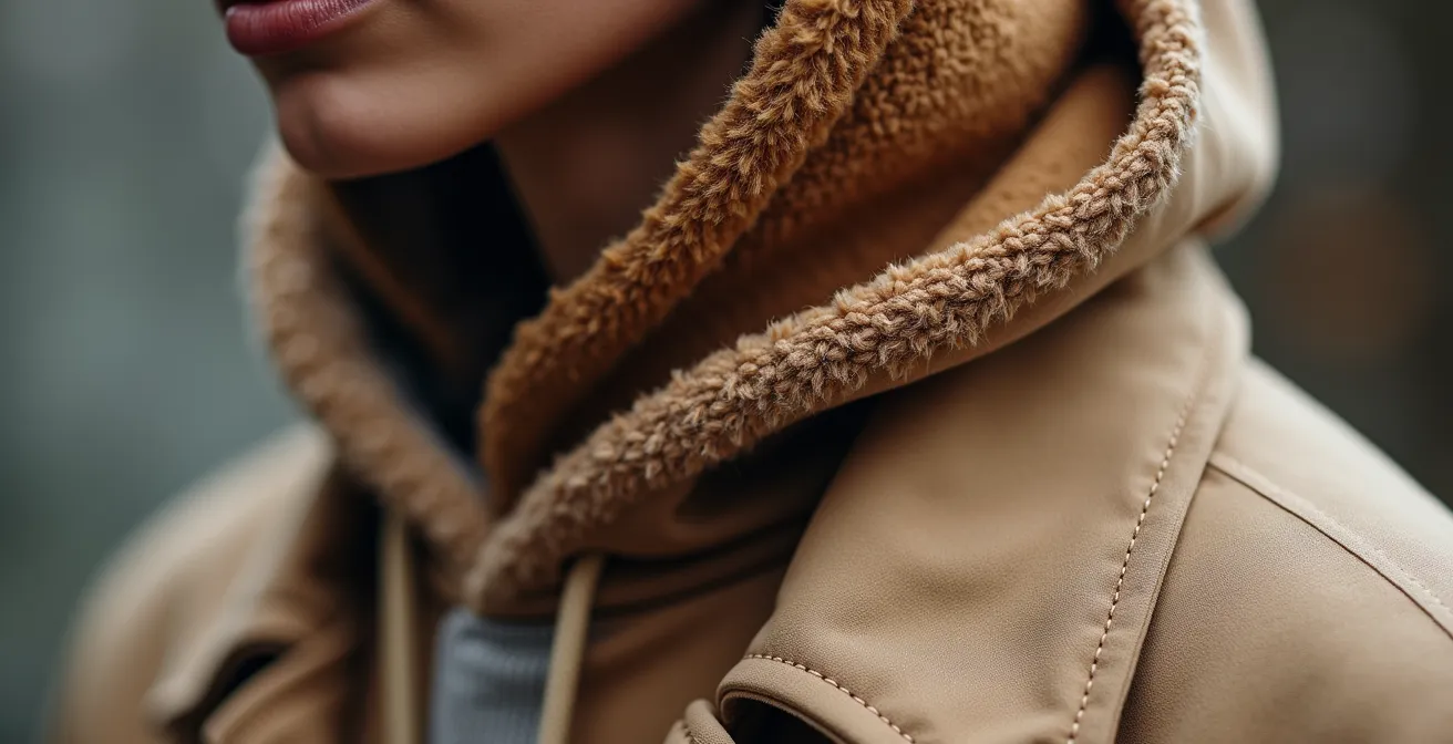 Détail de superposition d'un hoodie oversized sous un trench beige ouvert