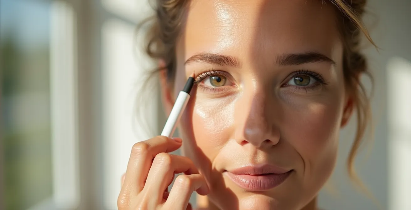 Application d'un crayon beige dans la muqueuse inférieure de l'œil pour illuminer le regard