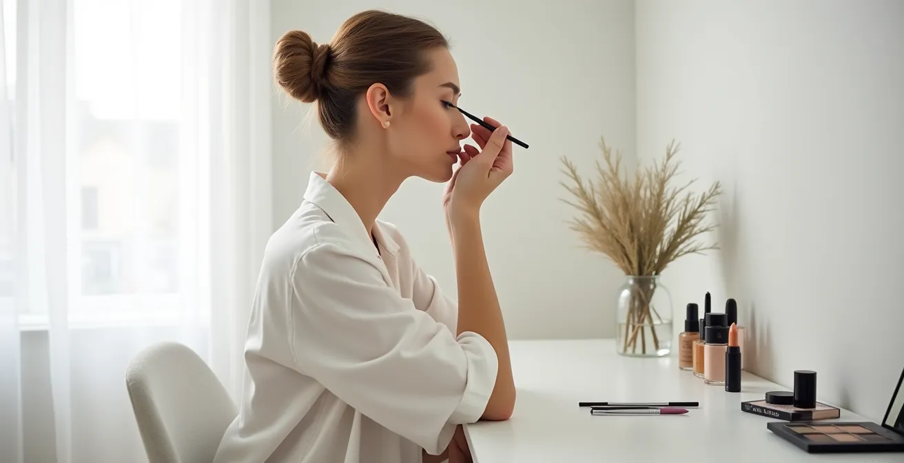 Vue de profil d'une femme appliquant la technique du floating liner pour un regard lifté.