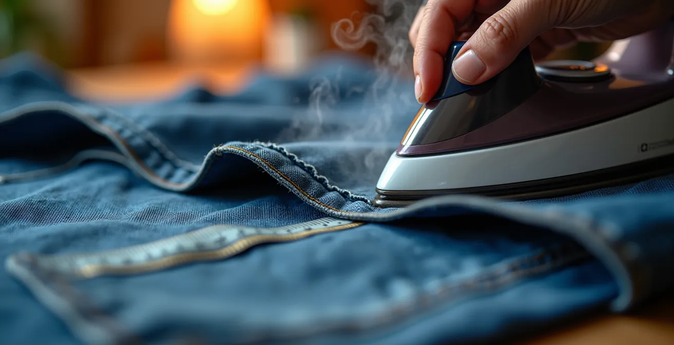 Gros plan sur la technique d'ourlet invisible d'un jean flare