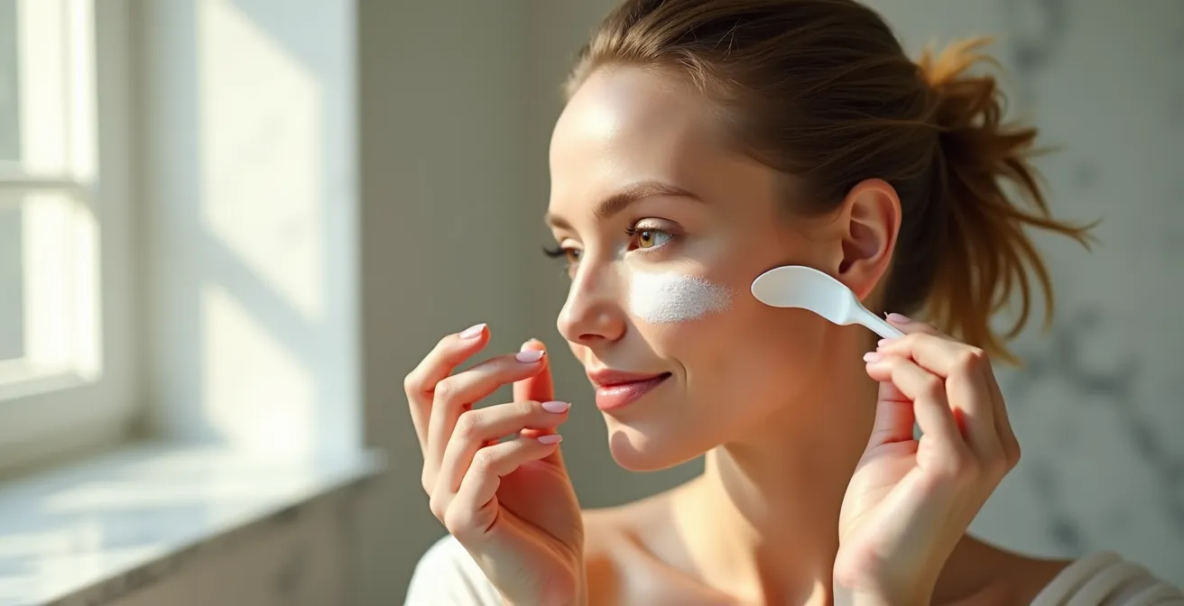 Vue de trois quarts d'un visage montrant l'application zonée de différentes bases de teint