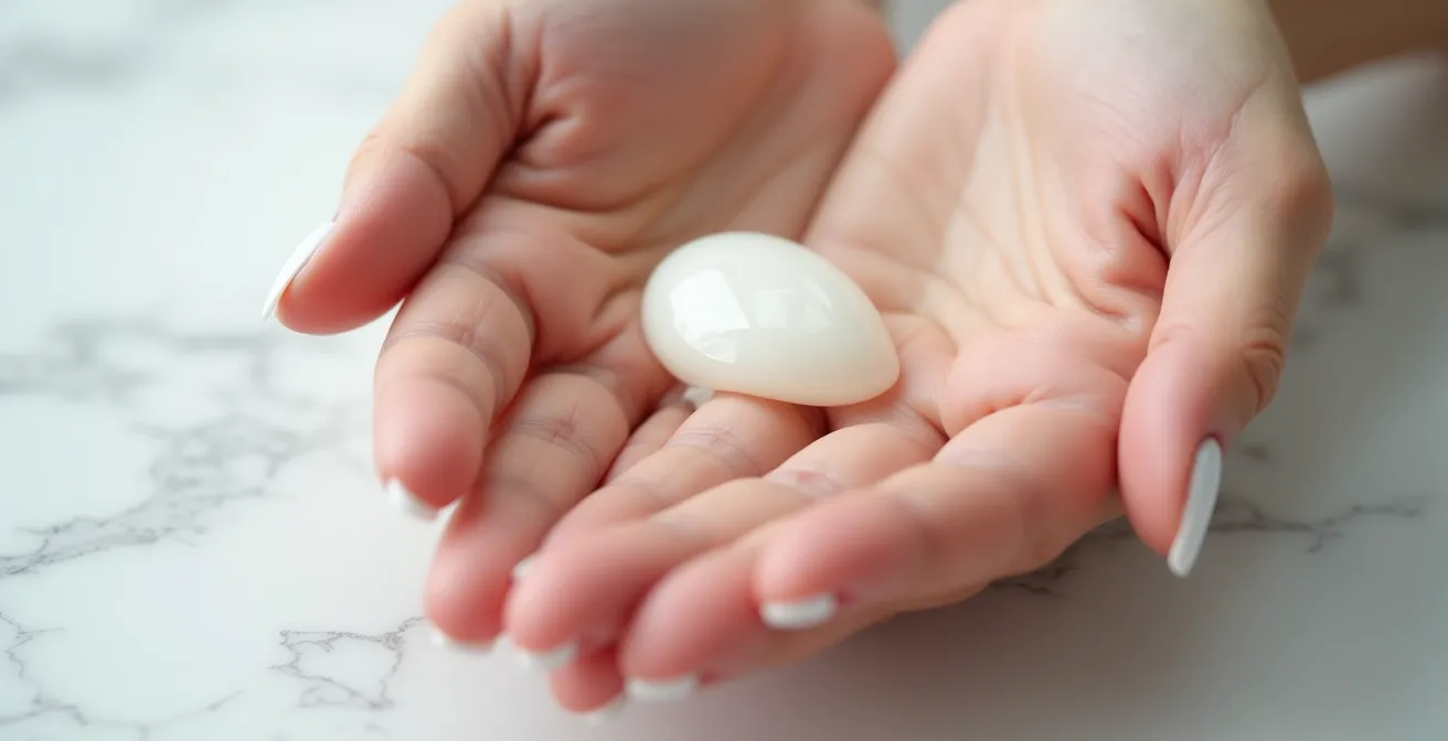 Mains mélangeant délicatement sérum et crème dans le creux de la paume