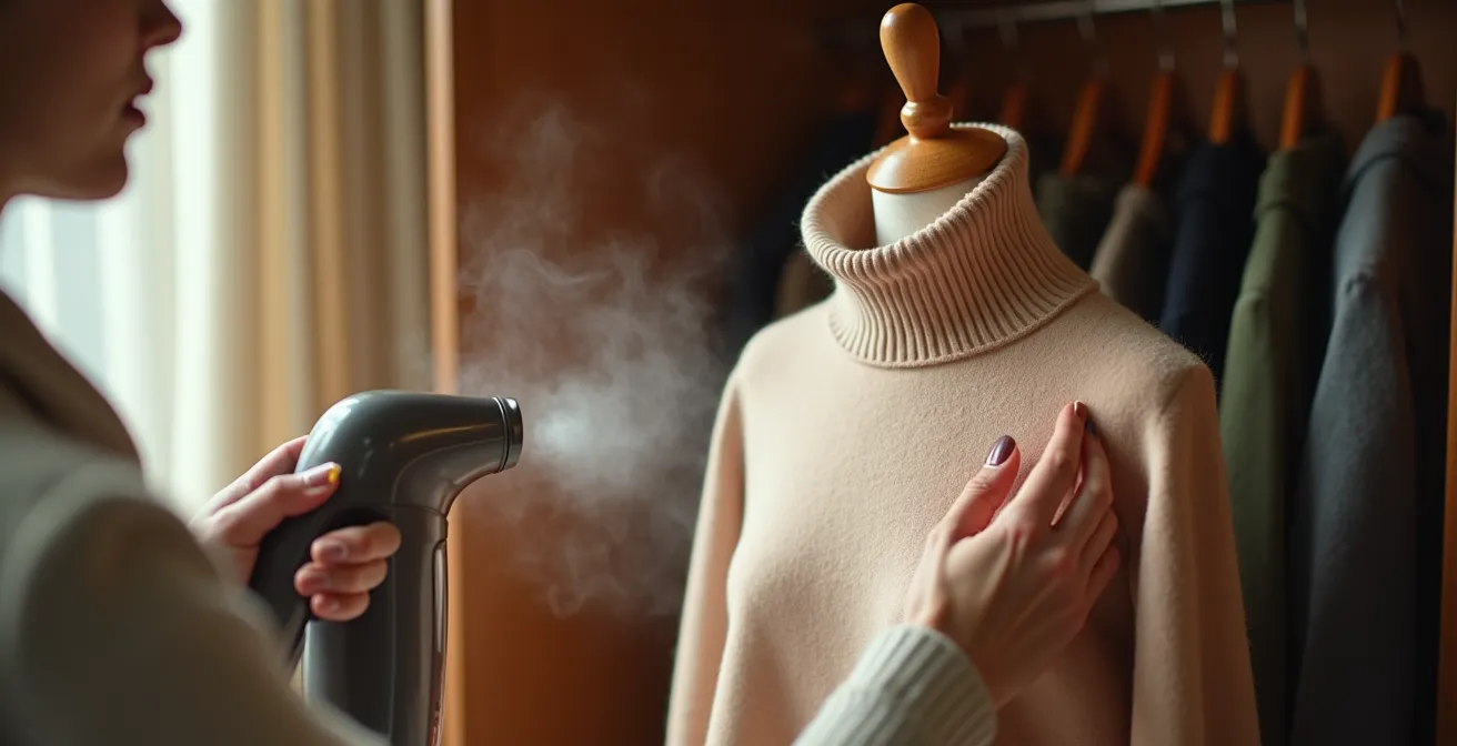 Démonstration de la technique de défroissage vapeur sur col roulé en cachemire