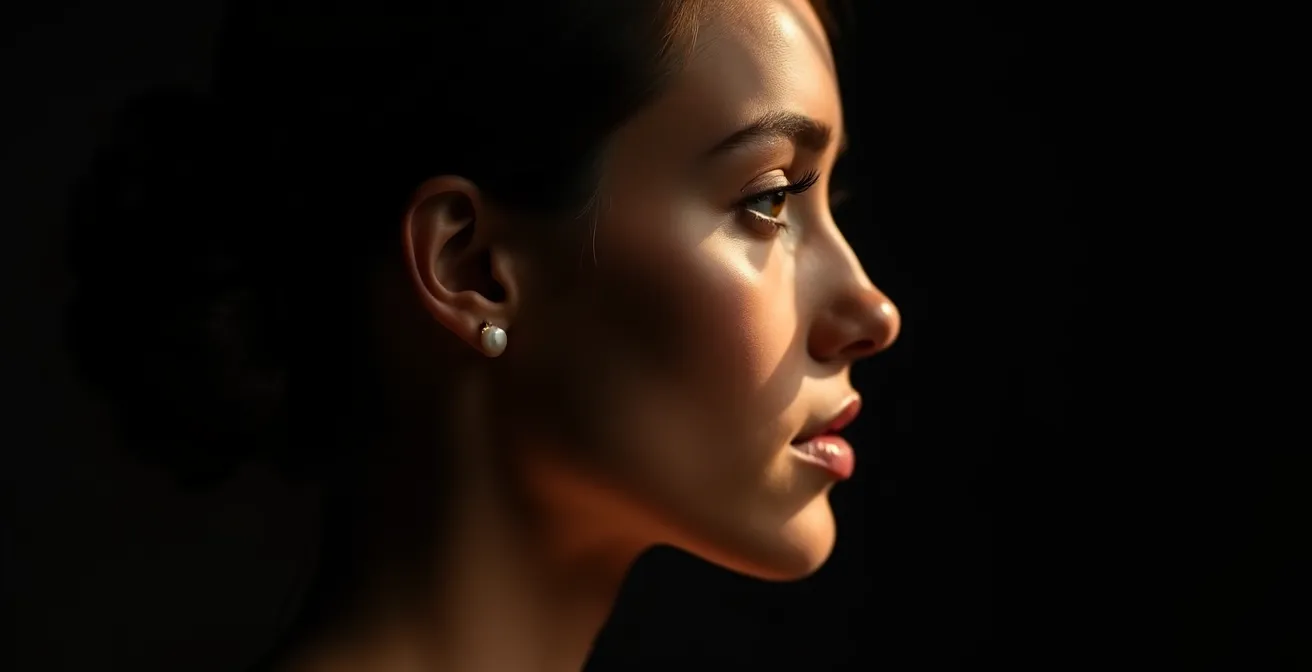 Visage féminin avec jeu d'ombres et lumières montrant les zones de contouring et highlighting