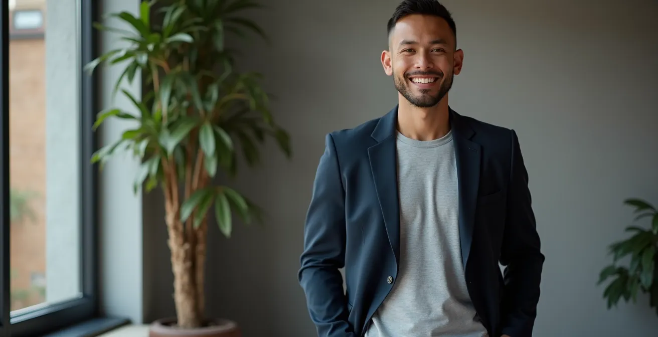 Portrait d'une personne en tenue business casual moderne avec blazer déstructuré et sneakers élégantes