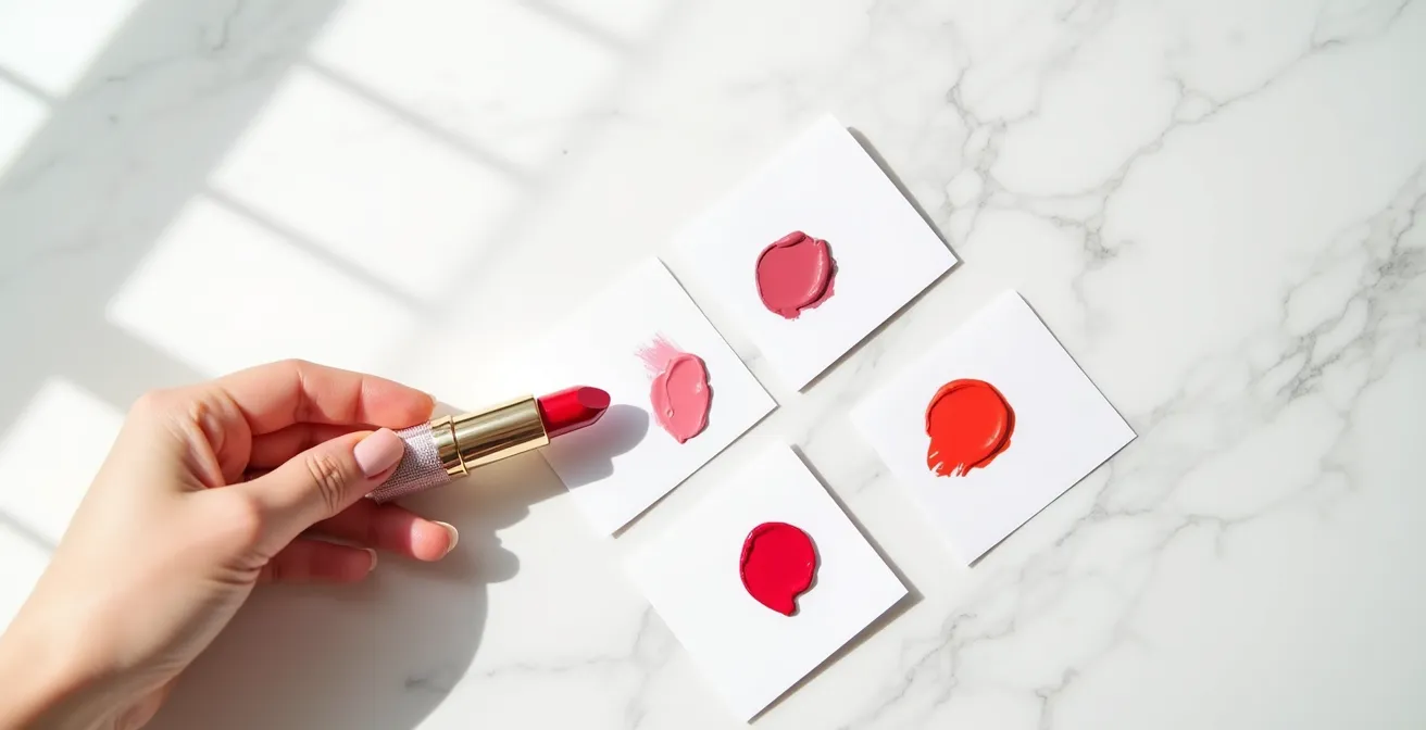 Main tenant trois échantillons de rouge à lèvres sur papier blanc montrant différents sous-tons
