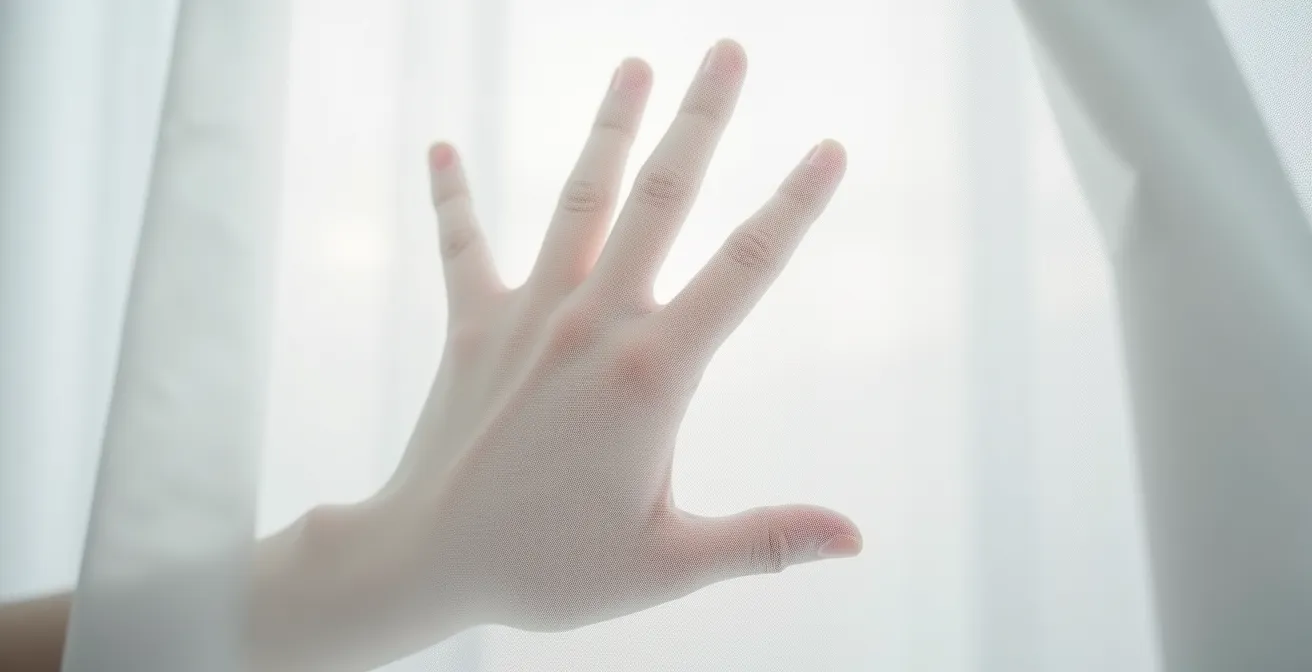 Test de transparence d'une chemise blanche en cabine d'essayage avec main en contre-jour