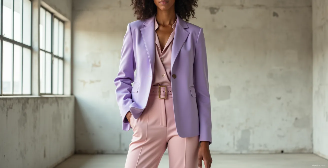 Tenue complète en tons pastels avec différentes textures et matières