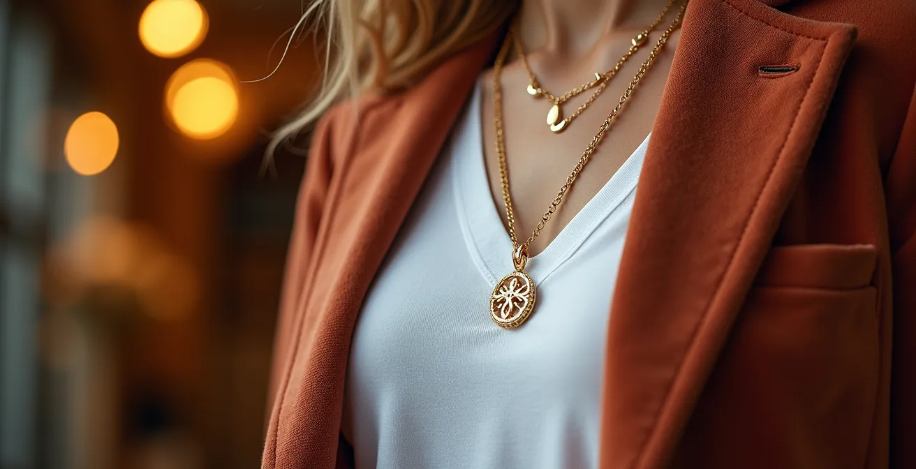 T-shirt blanc élégamment accessoirisé avec bijoux architecturaux et textures luxueuses